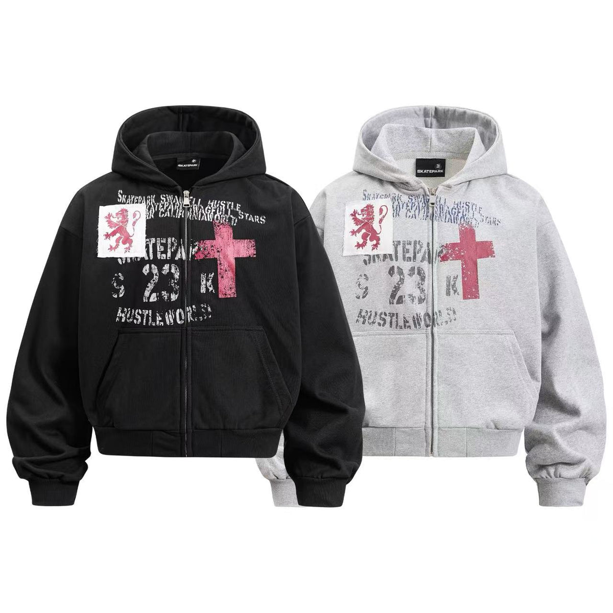 Cropped Distressed Cross Lion Print Zip Up Hooded Jacket