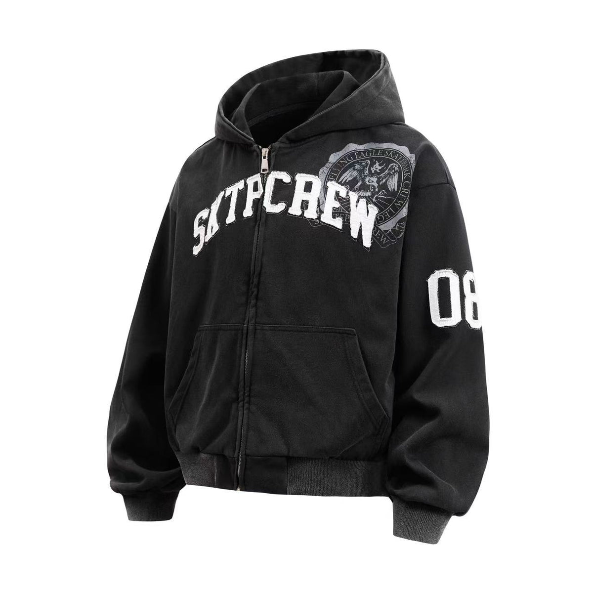Cropped Chenille Letter Zip Up Hooded Jacket
