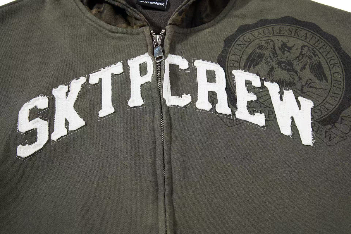 Cropped Chenille Letter Zip Up Hooded Jacket