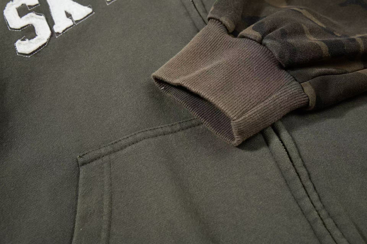 Cropped Chenille Letter Zip Up Hooded Jacket