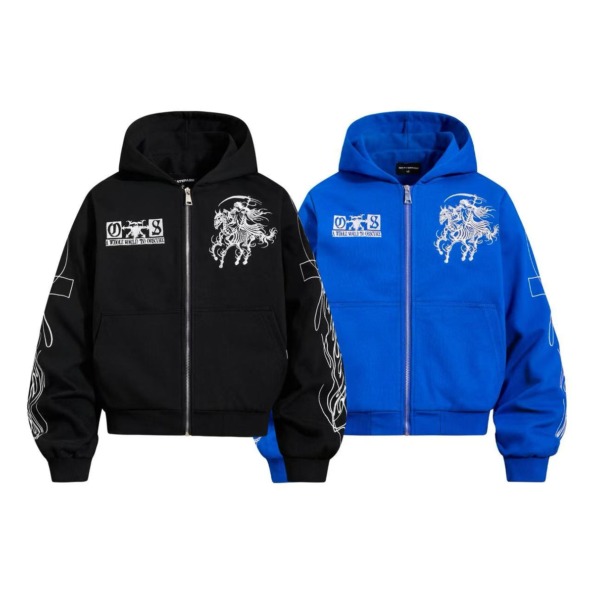 Cropped Skeleton Horseman Graphic Flame Print Sleeve Hooded Jacket