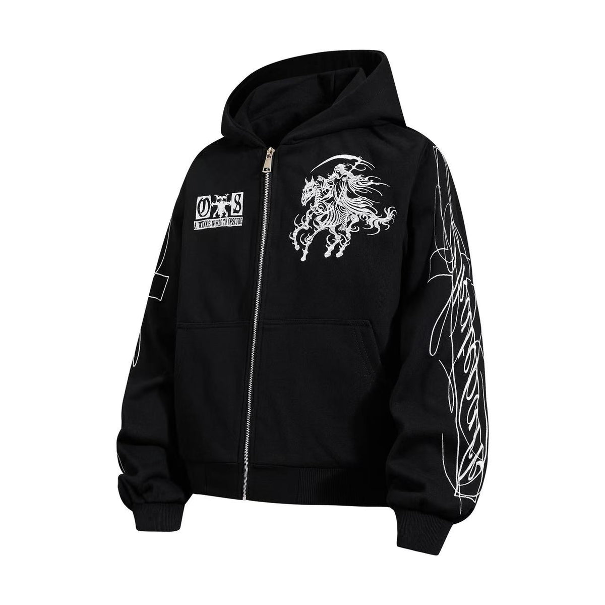 Cropped Skeleton Horseman Graphic Flame Print Sleeve Hooded Jacket