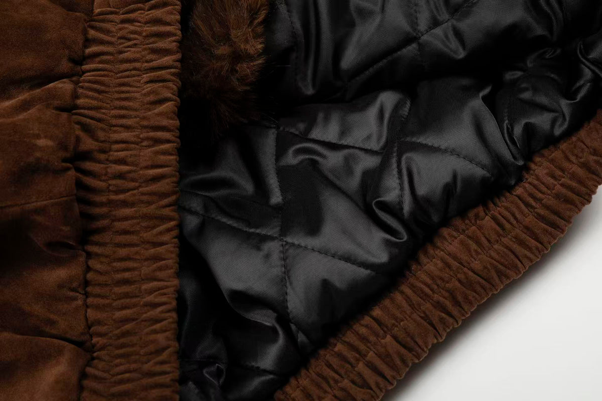 Vintage Metal Toggle Buckle Suede Fleece Lined Hooded Jacket