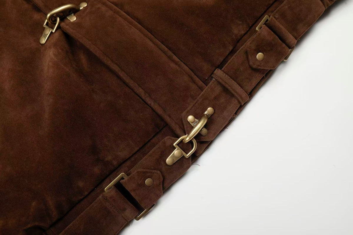 Vintage Metal Toggle Buckle Suede Fleece Lined Hooded Jacket