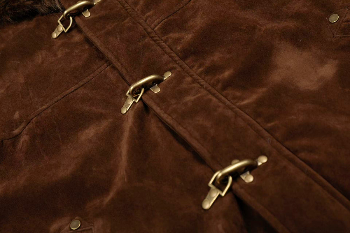 Vintage Metal Toggle Buckle Suede Fleece Lined Hooded Jacket