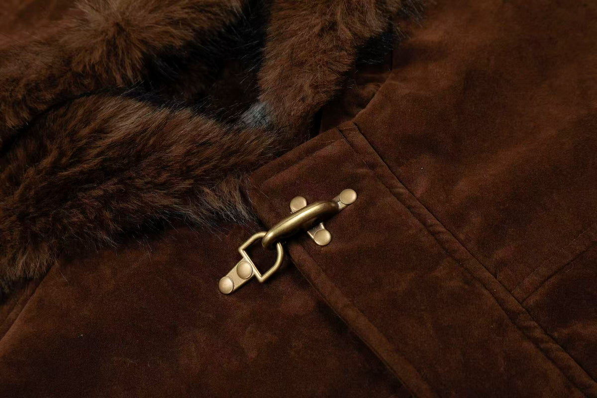 Vintage Metal Toggle Buckle Suede Fleece Lined Hooded Jacket
