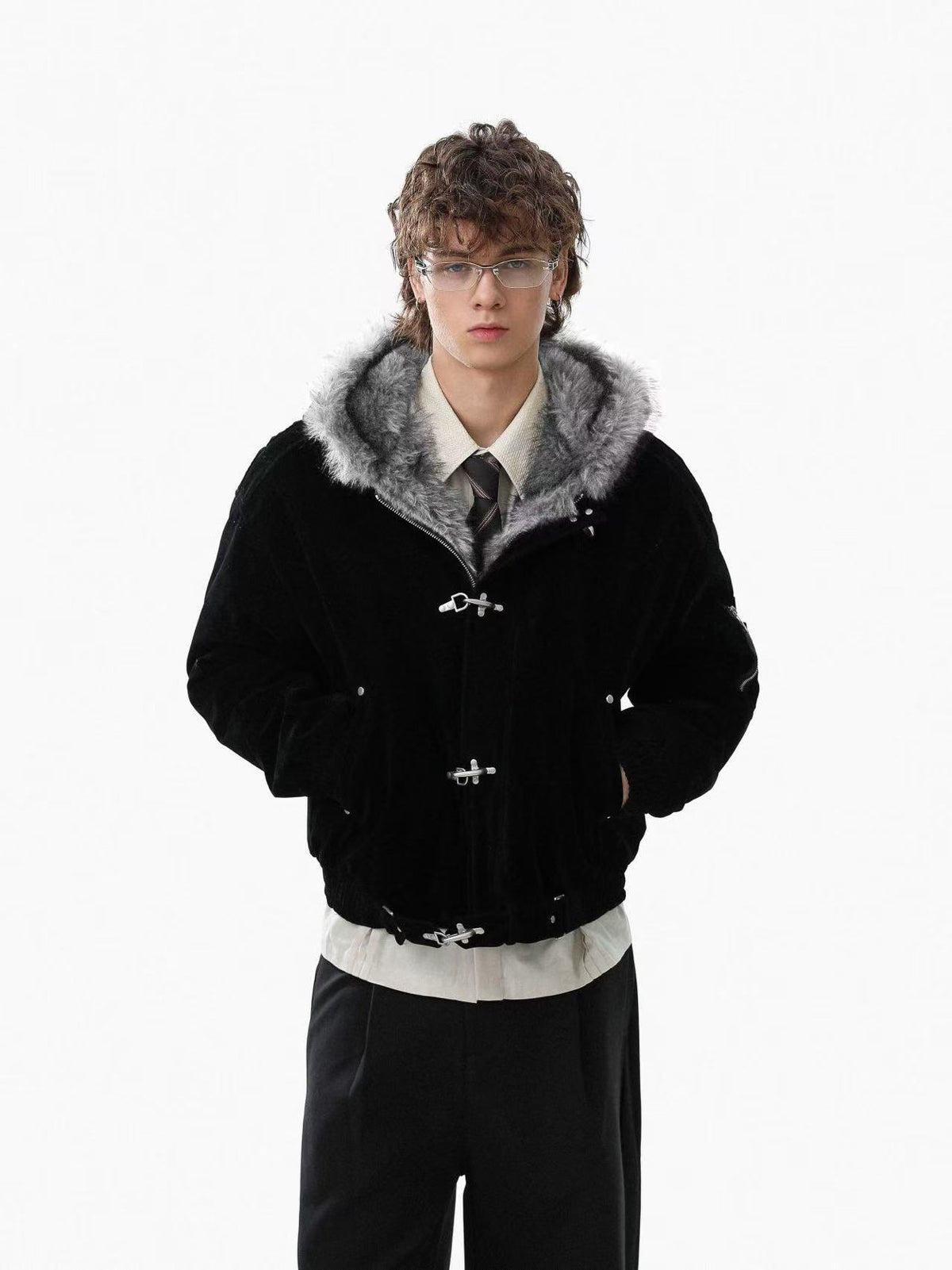 Vintage Metal Toggle Buckle Suede Fleece Lined Hooded Jacket