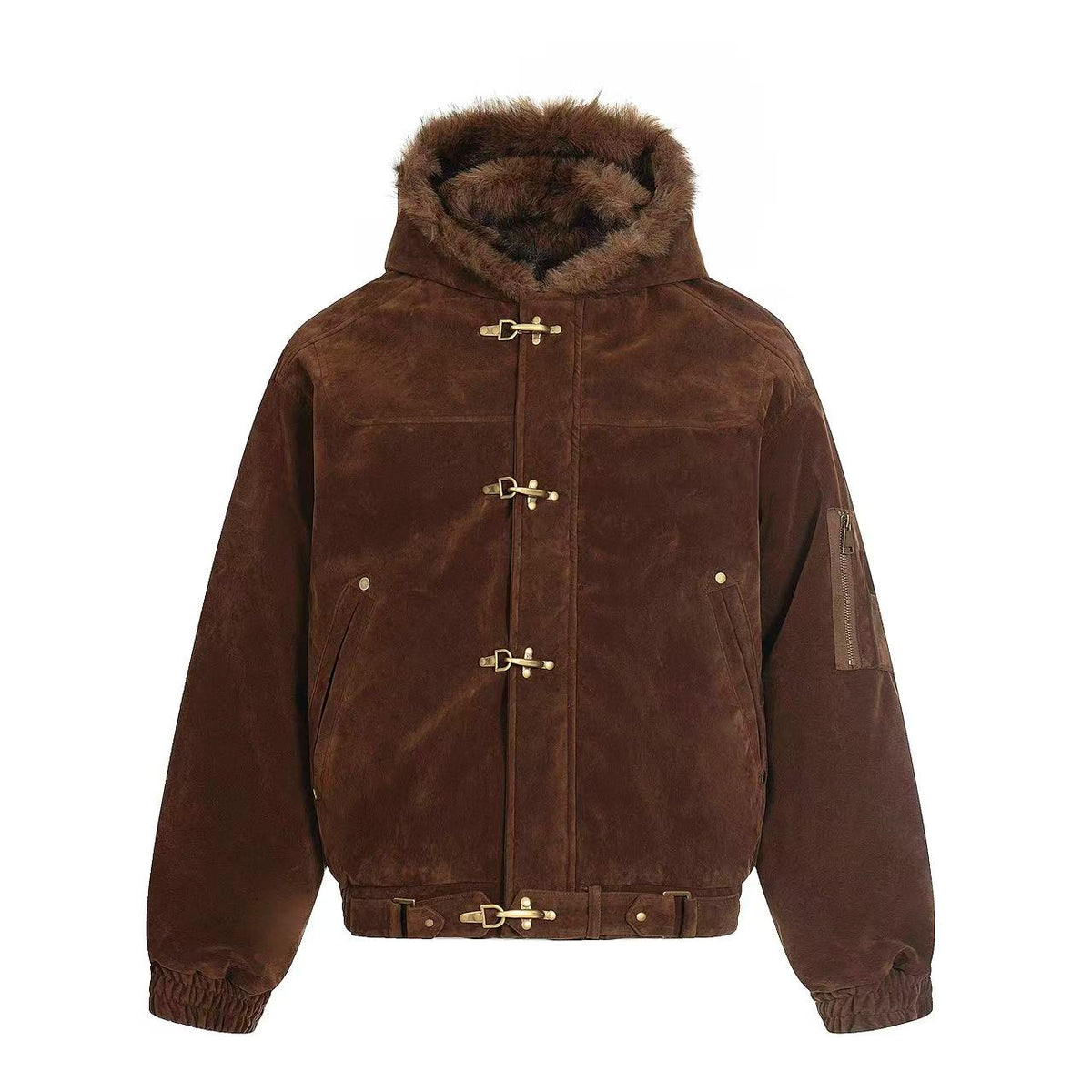 Vintage Metal Toggle Buckle Suede Fleece Lined Hooded Jacket