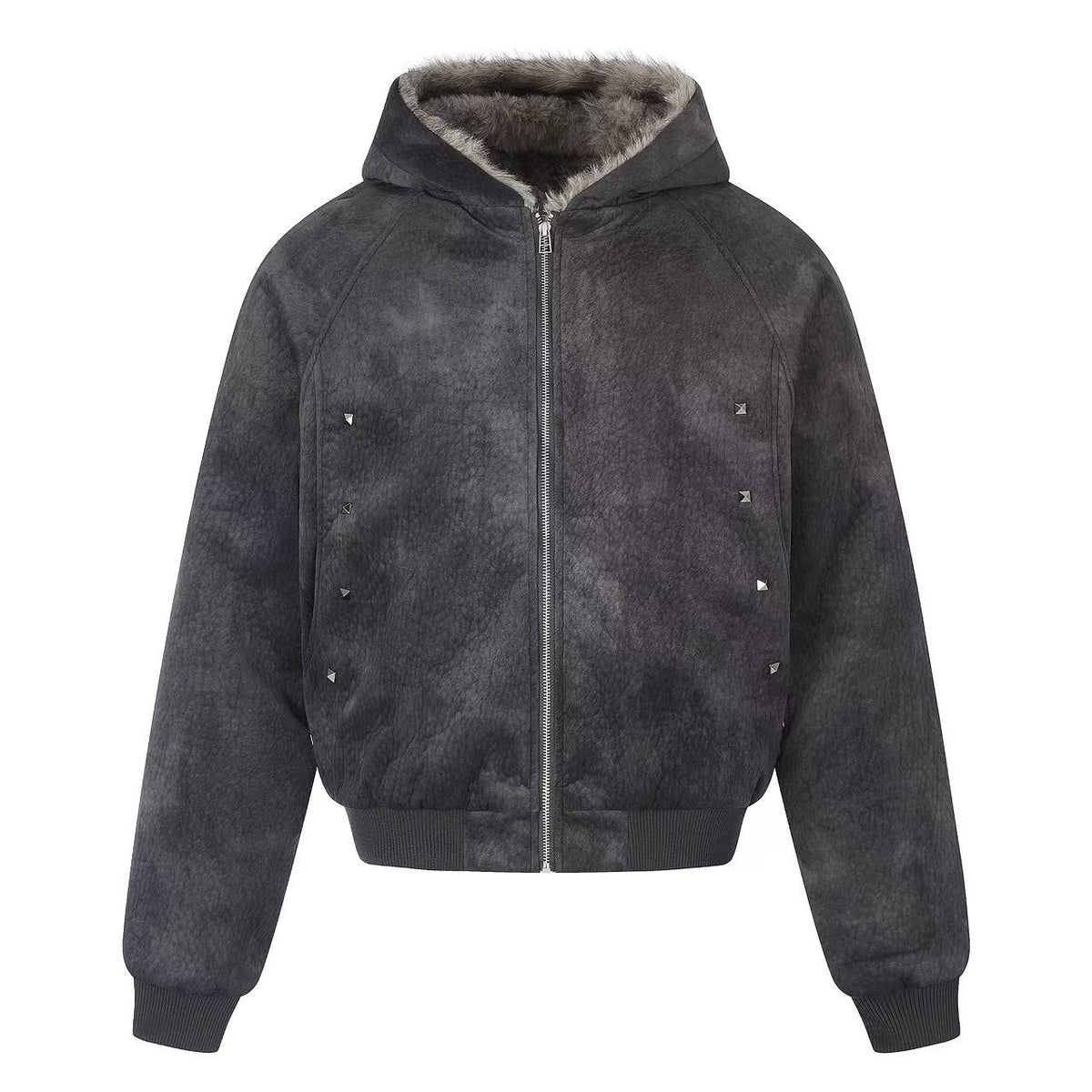 Vintage Washed Suede Fleece Lined Rivet Decor Bunny Ears Hooded jacket