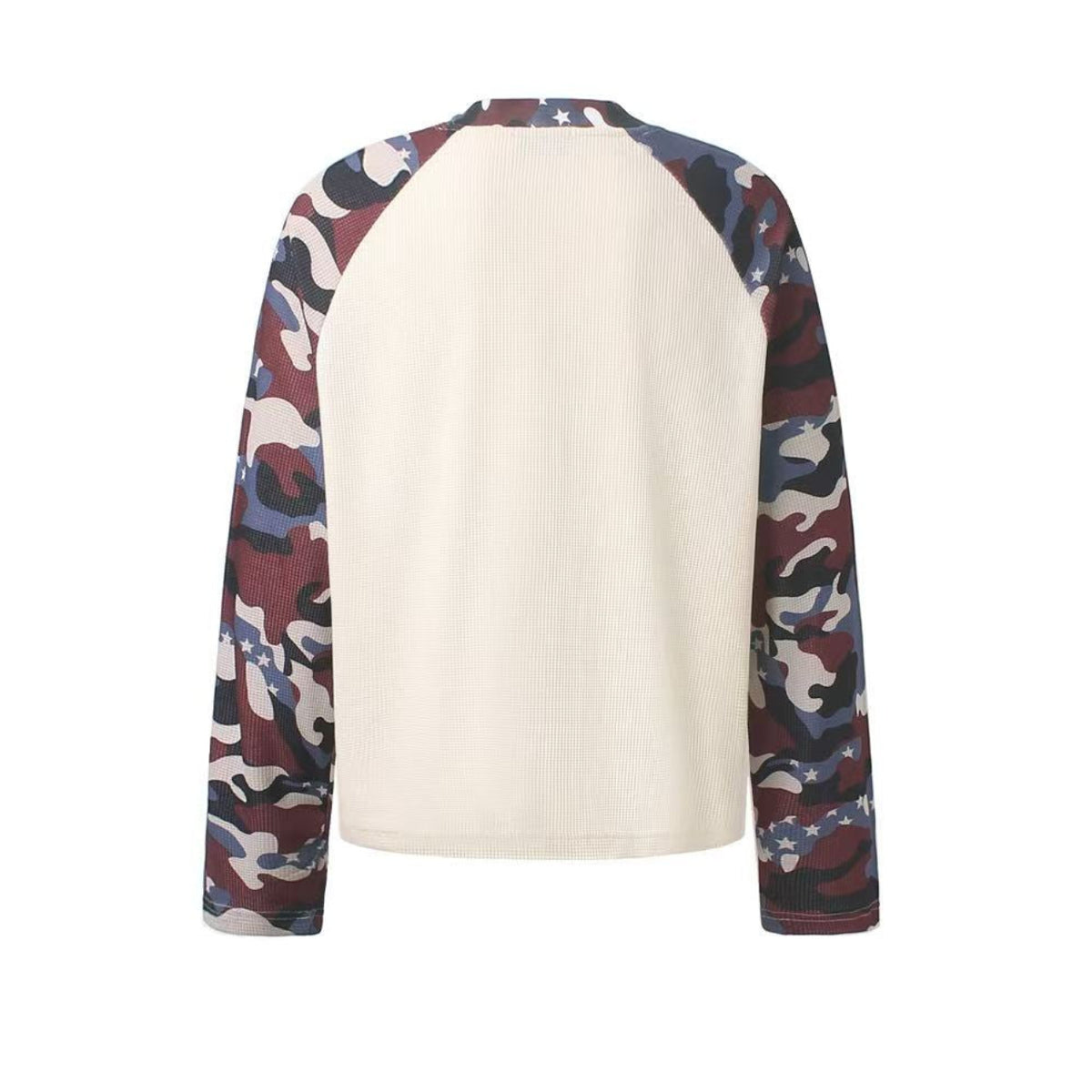 Vintage Camo Raglan Waffle Knit Letter Print Long Sleeve