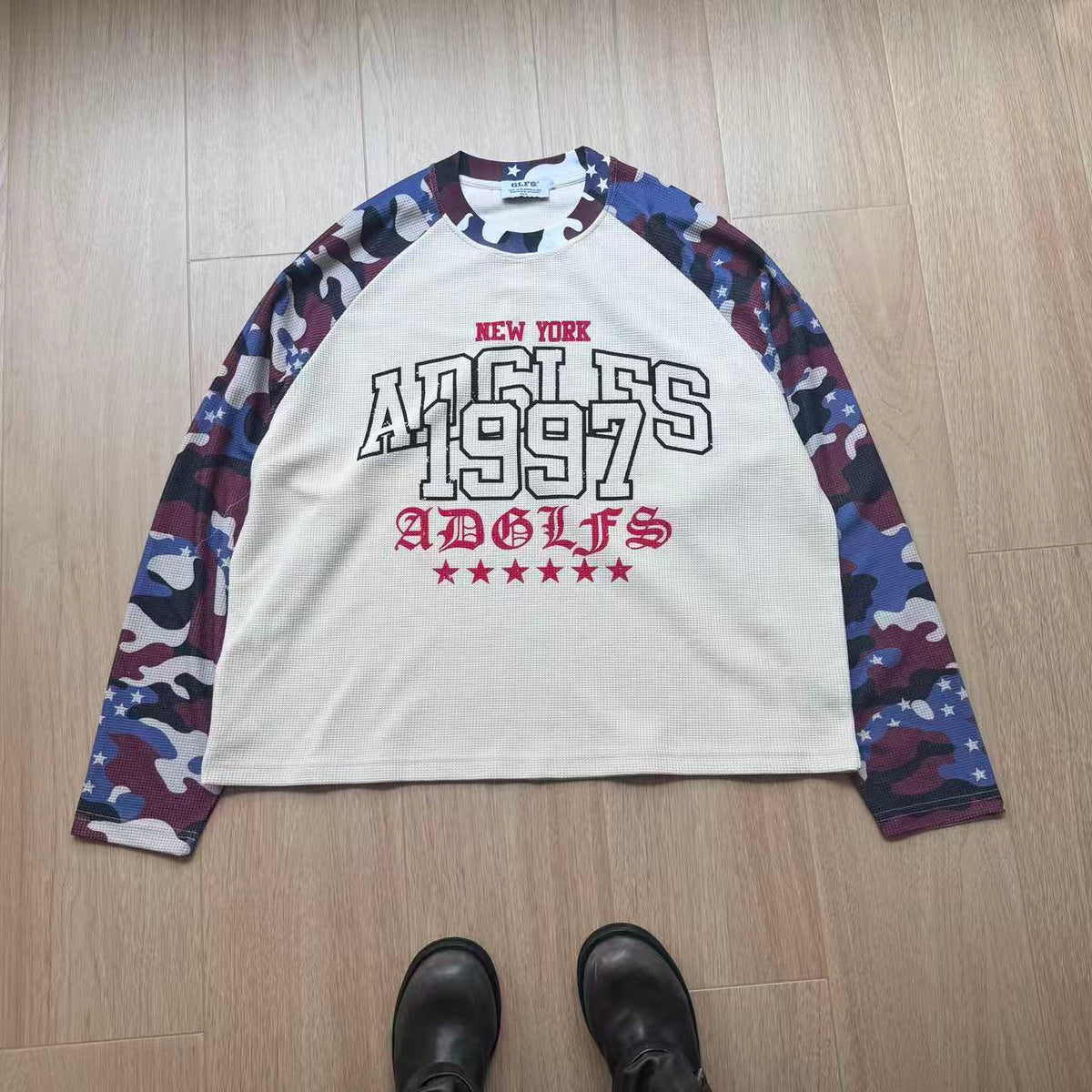 Vintage Camo Raglan Waffle Knit Letter Print Long Sleeve