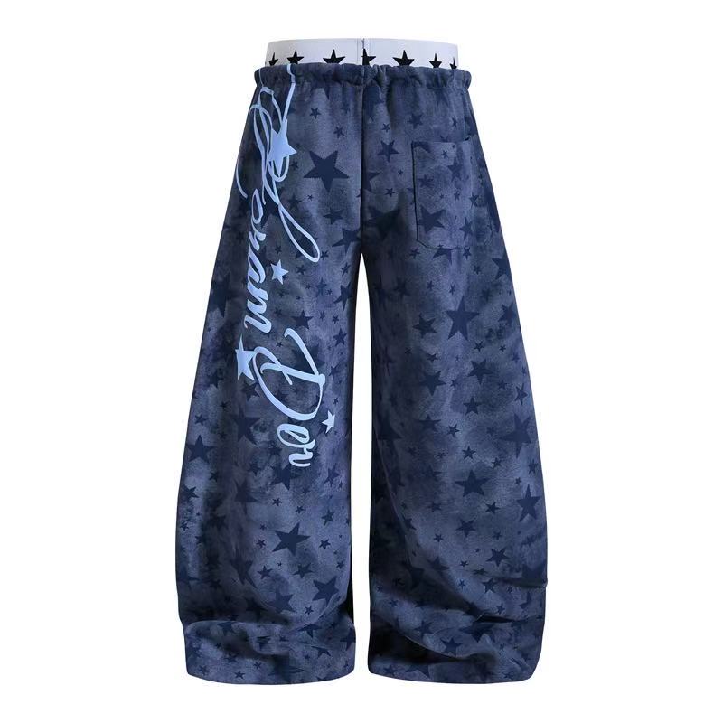 Washed Star Print Double Waist Baggy Wide-Leg Sweatpants