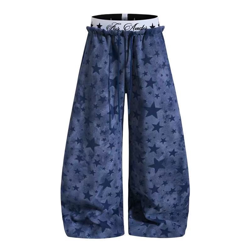 Washed Star Print Double Waist Baggy Wide-Leg Sweatpants