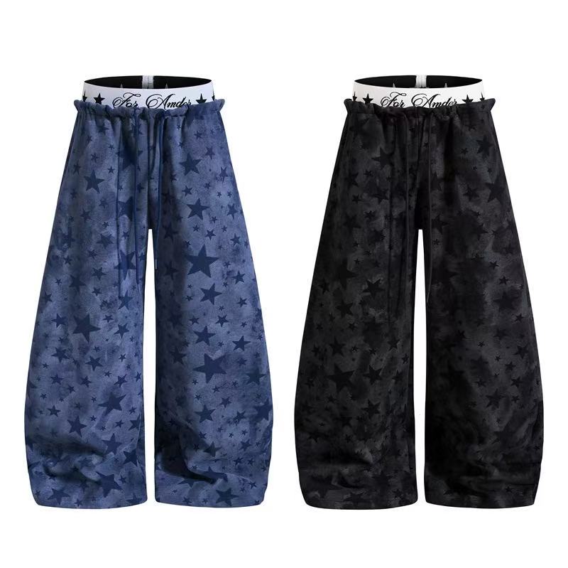 Washed Star Print Double Waist Baggy Wide-Leg Sweatpants