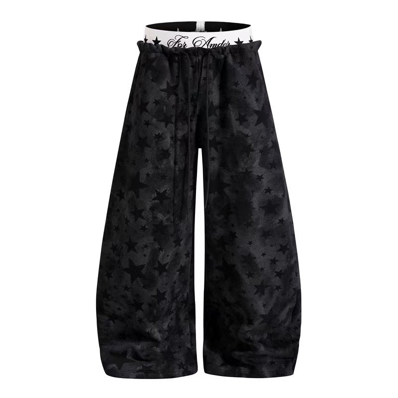 Washed Star Print Double Waist Baggy Wide-Leg Sweatpants