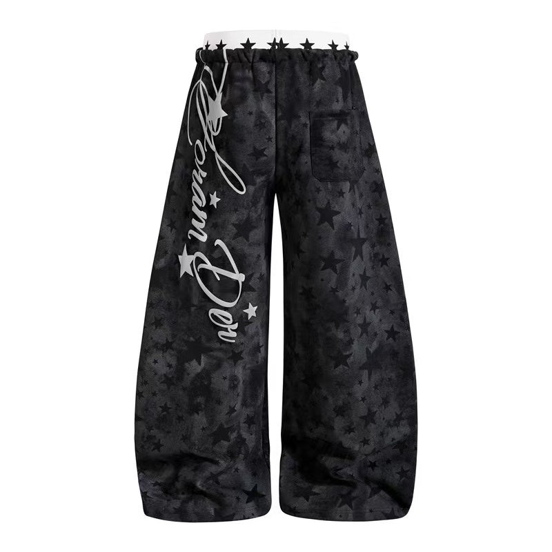Washed Star Print Double Waist Baggy Wide-Leg Sweatpants