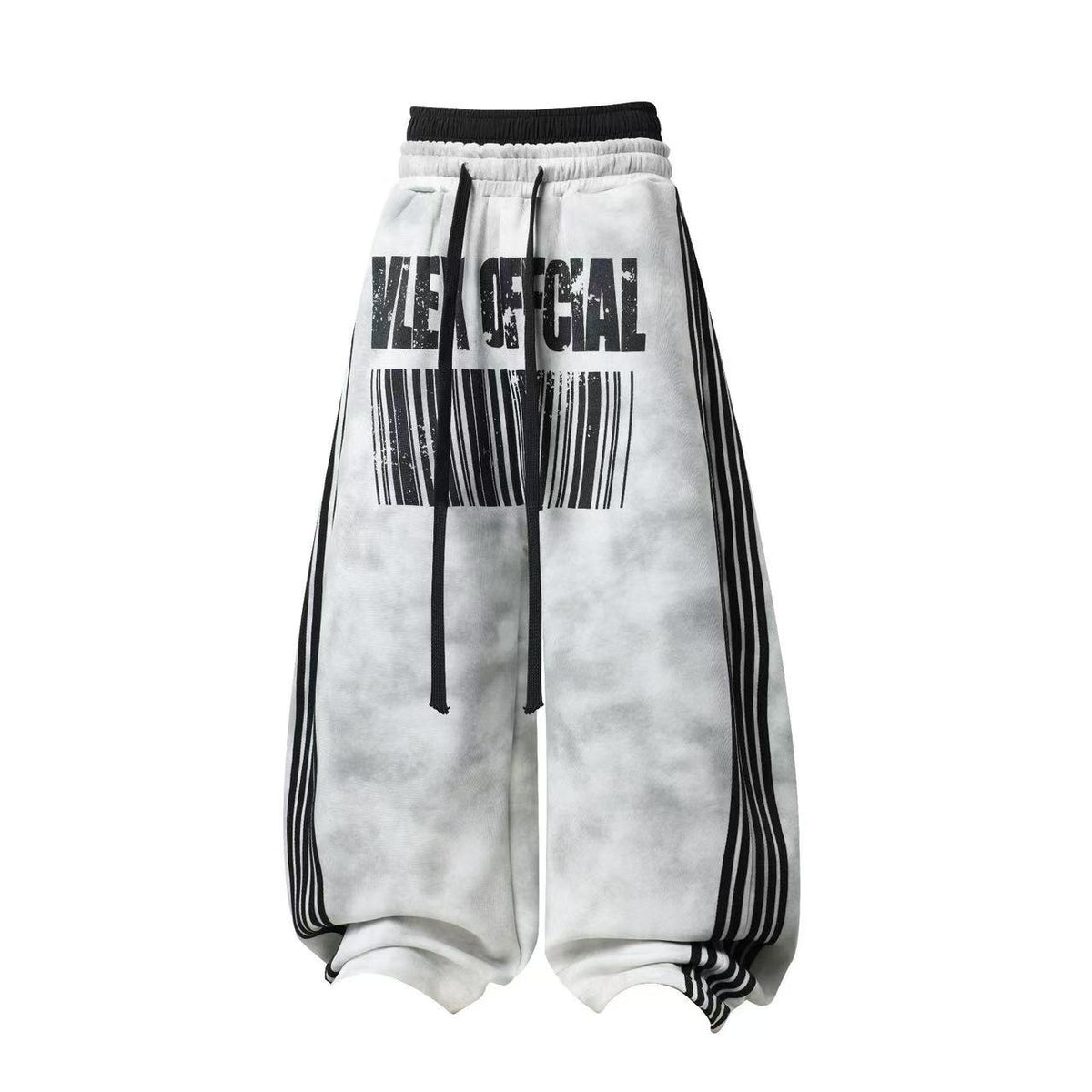 Unisex Washed Barcode Print Side Striped Wide Leg Sweatpants