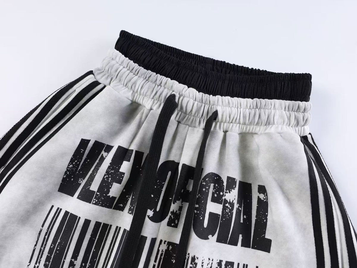 Unisex Washed Barcode Print Side Striped Wide Leg Sweatpants