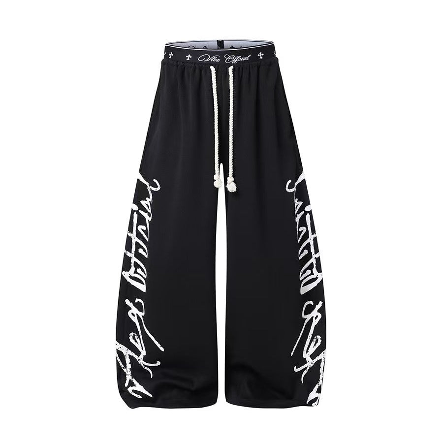 Unisex Side Script Letter Print Wide Leg Sweatpants