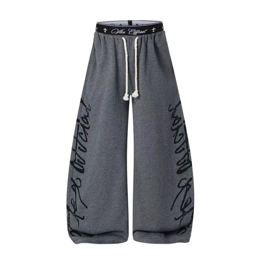 Unisex Side Script Letter Print Wide Leg Sweatpants