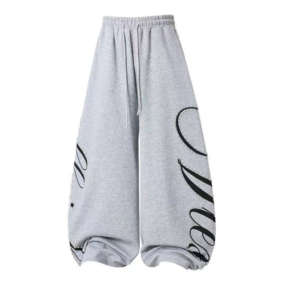 Unisex Rhinestone Script Graphic Wide Leg Sweatpants