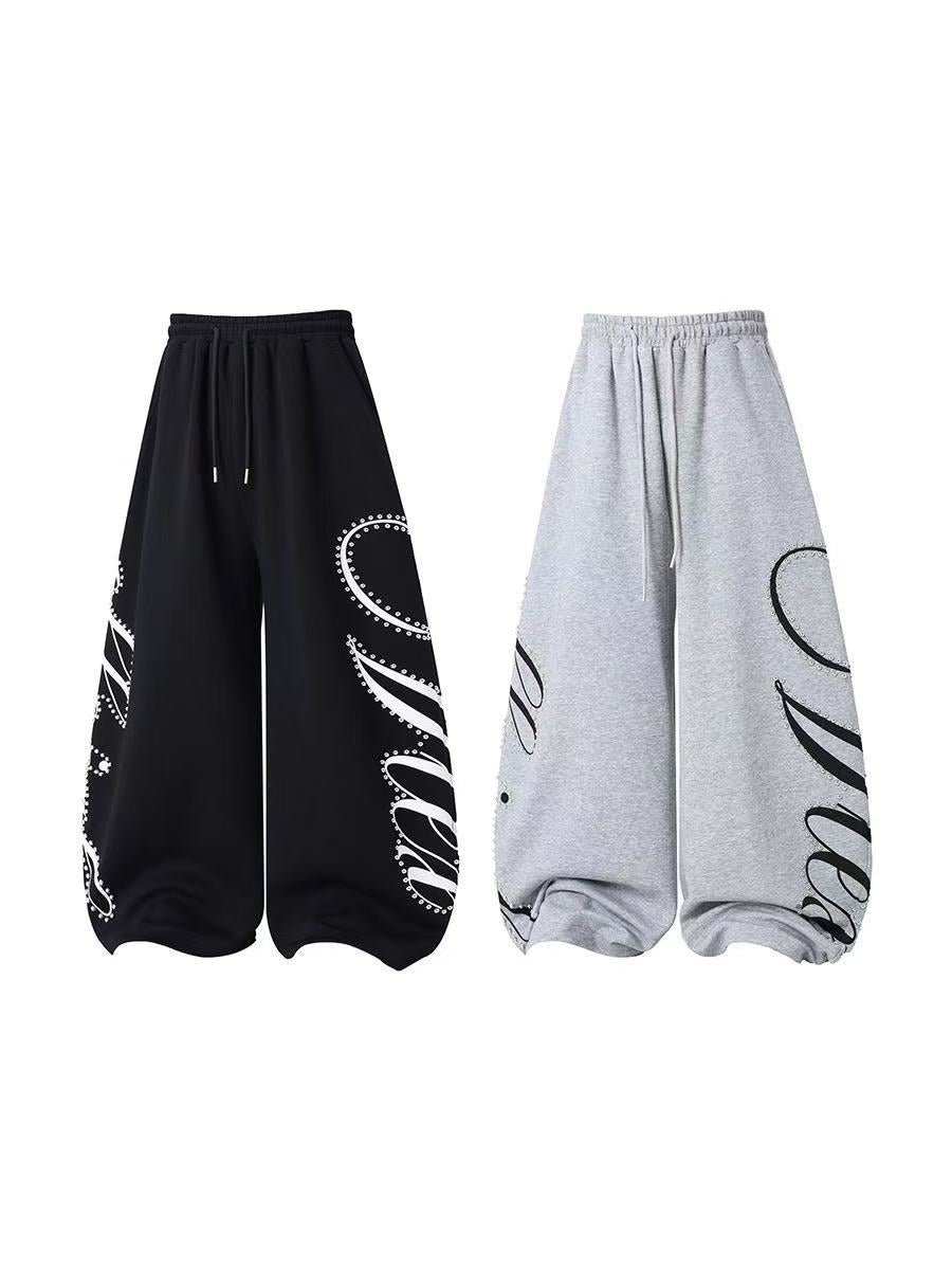 Unisex Rhinestone Script Graphic Wide Leg Sweatpants