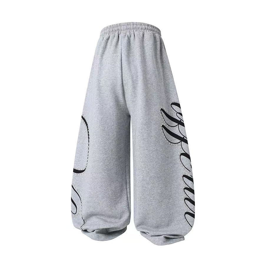 Unisex Rhinestone Script Graphic Wide Leg Sweatpants