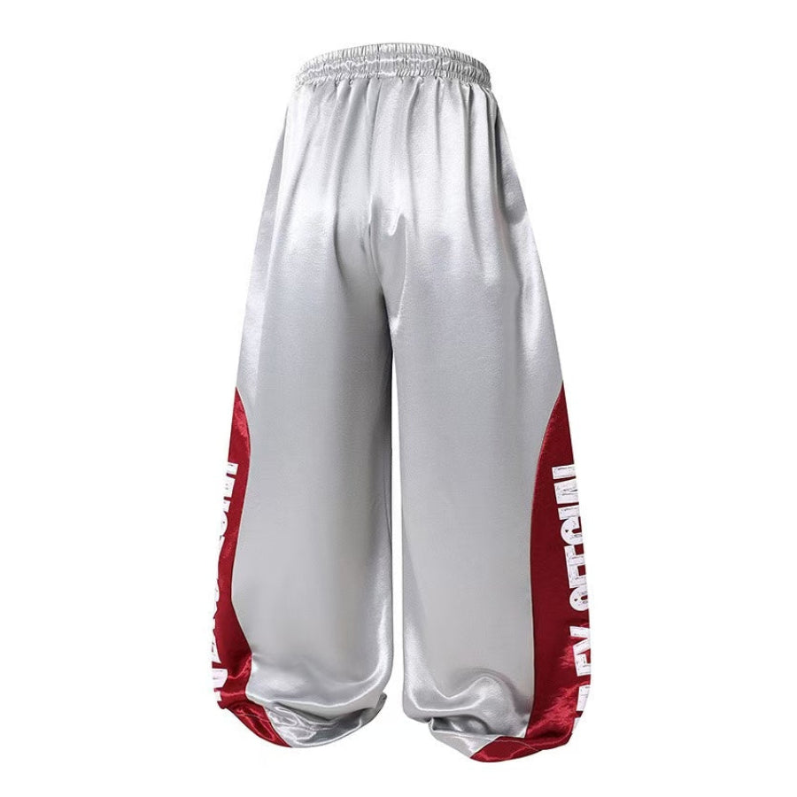 Unisex Shiny Color Block Vintage Letter Print Wide Leg Sweatpants