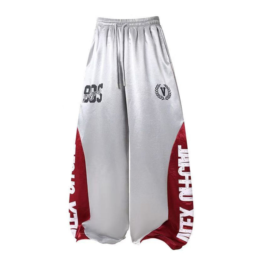 Unisex Shiny Color Block Vintage Letter Print Wide Leg Sweatpants