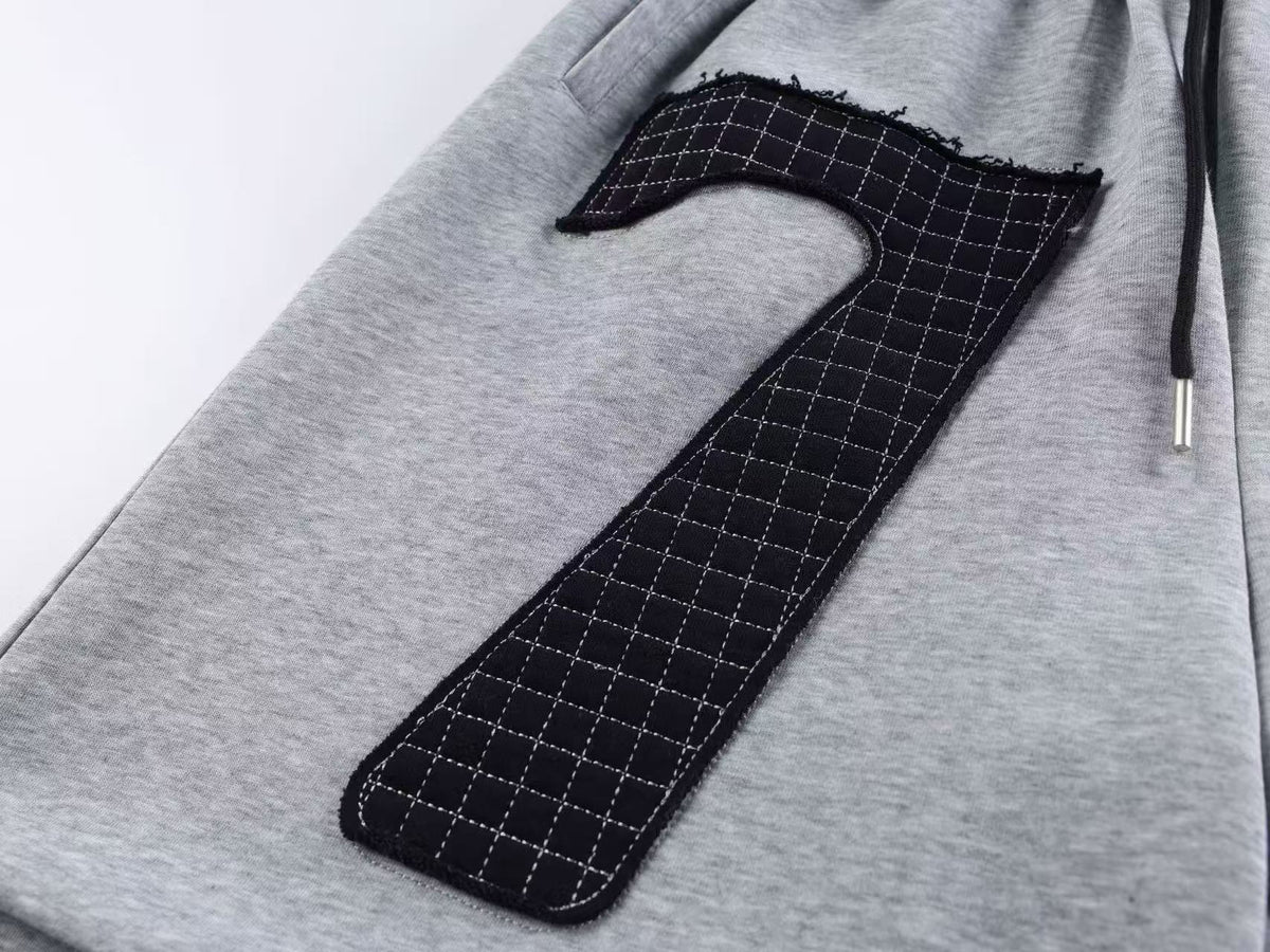 Double Waist Grid Number 7 Patch Wide Leg Sweatpants