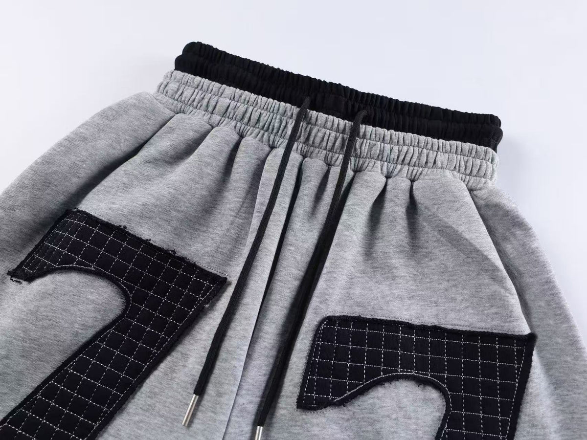 Double Waist Grid Number 7 Patch Wide Leg Sweatpants