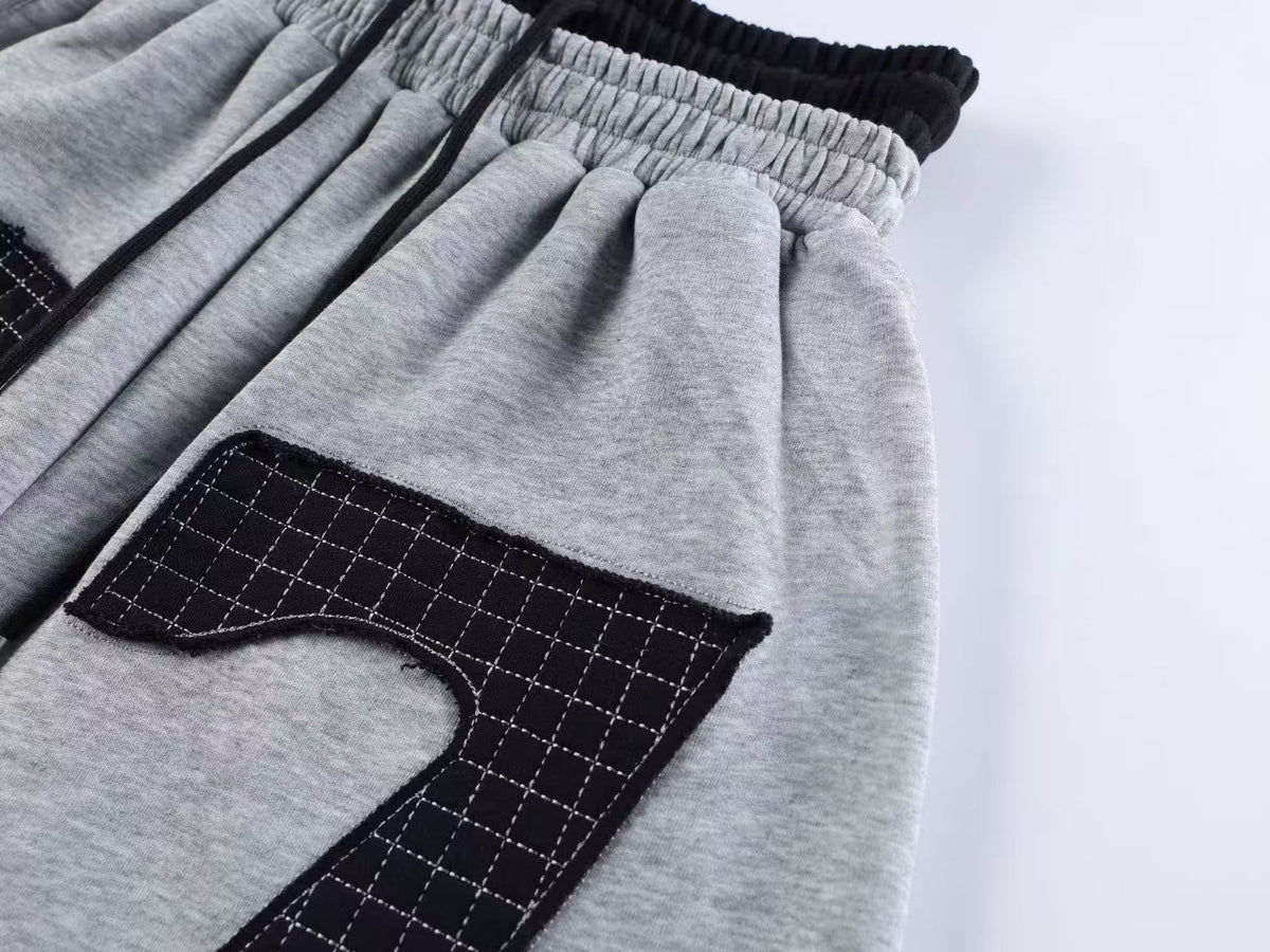 Double Waist Grid Number 7 Patch Wide Leg Sweatpants