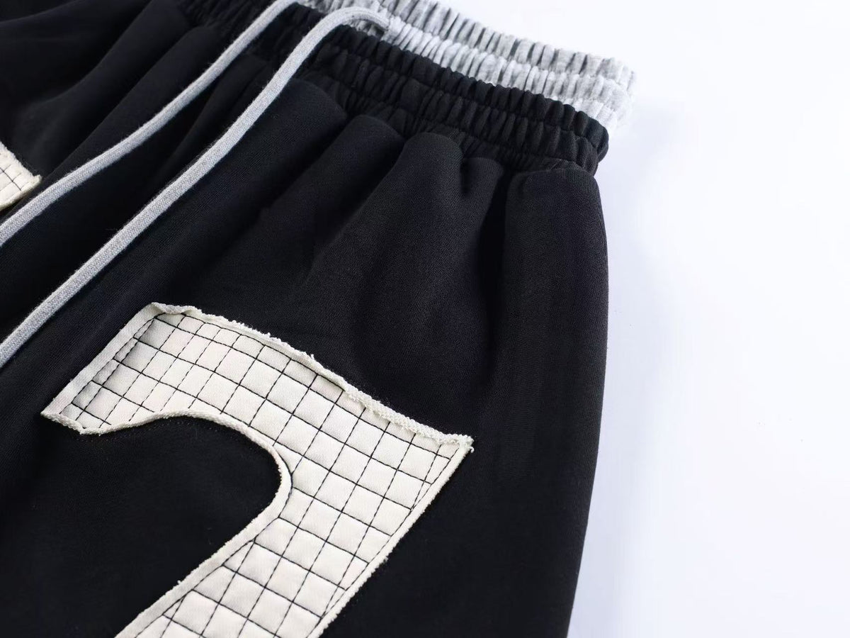 Double Waist Grid Number 7 Patch Wide Leg Sweatpants