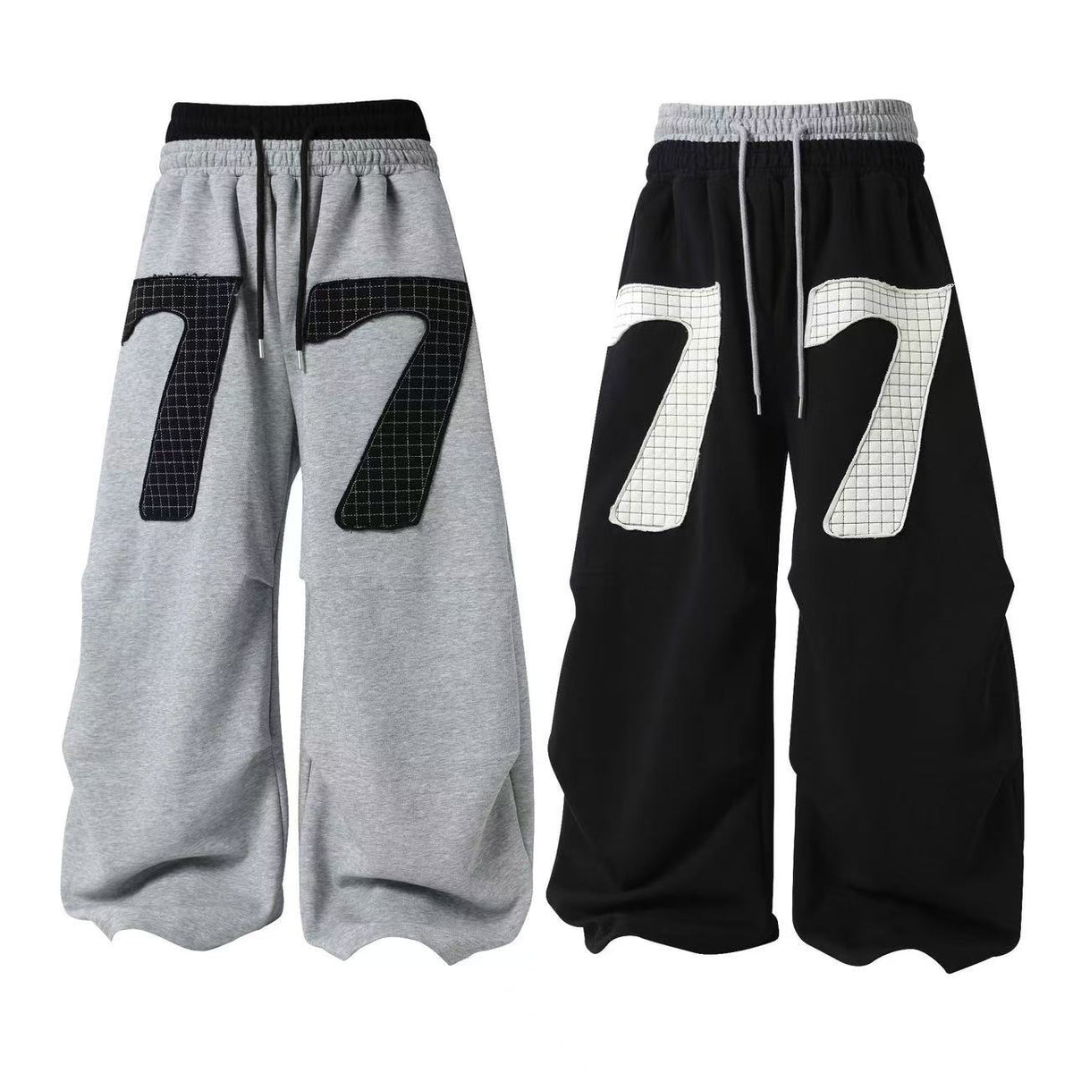 Double Waist Grid Number 7 Patch Wide Leg Sweatpants