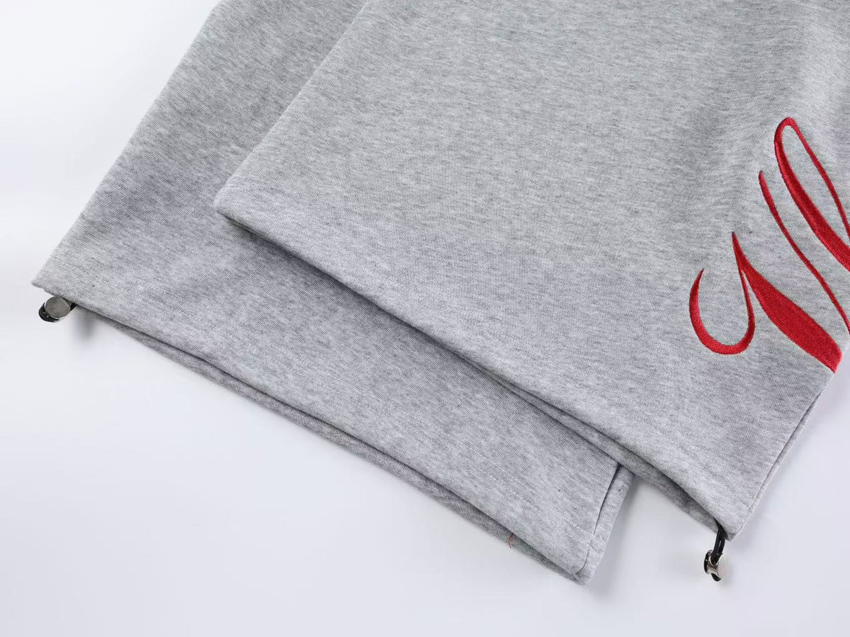 Double Waist Crest Embroidery Side Script Print Wide Leg Sweatpants