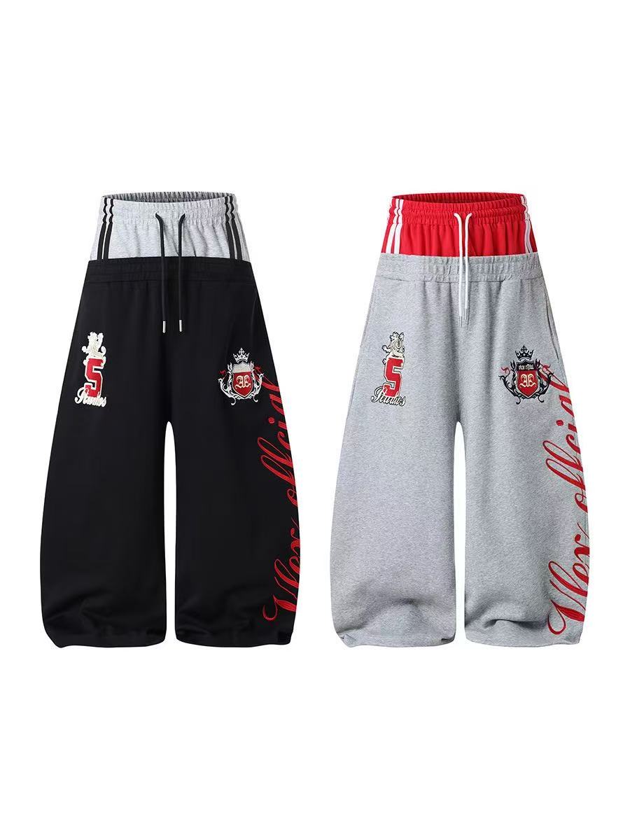 Double Waist Crest Embroidery Side Script Print Wide Leg Sweatpants