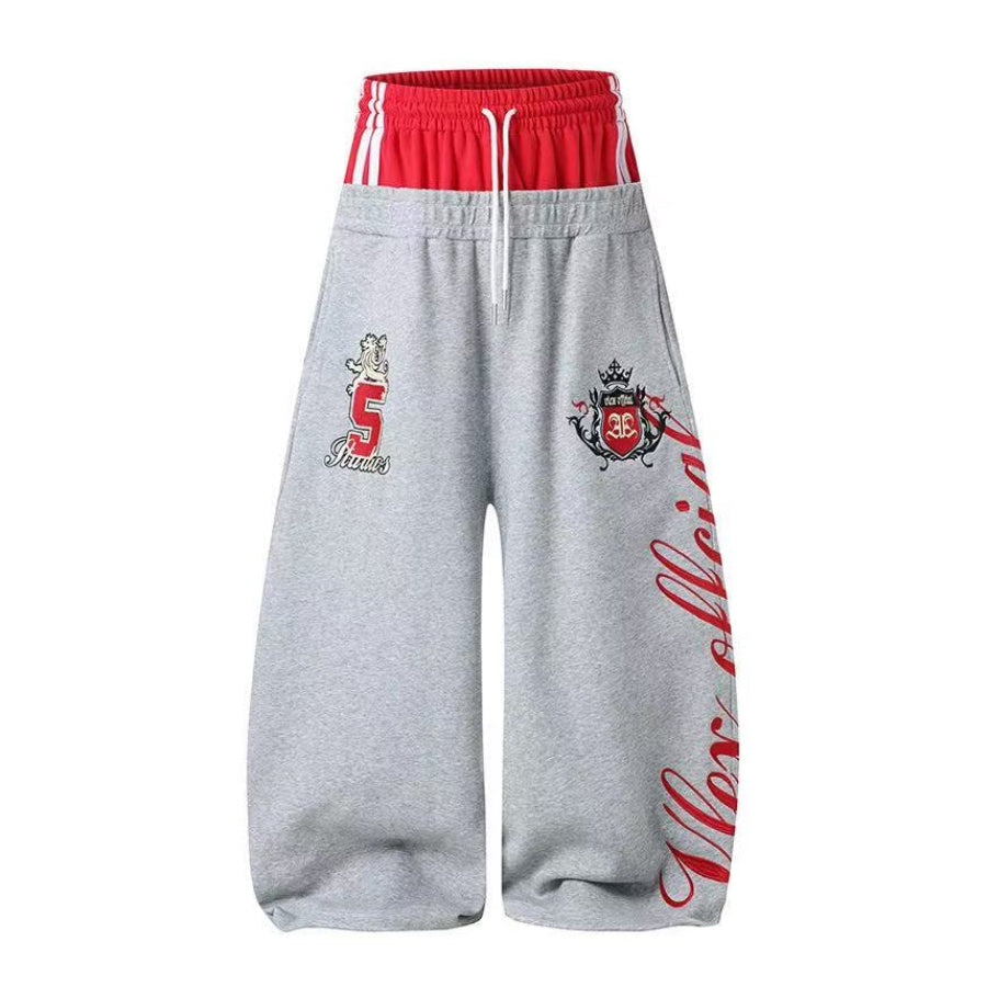 Double Waist Crest Embroidery Side Script Print Wide Leg Sweatpants