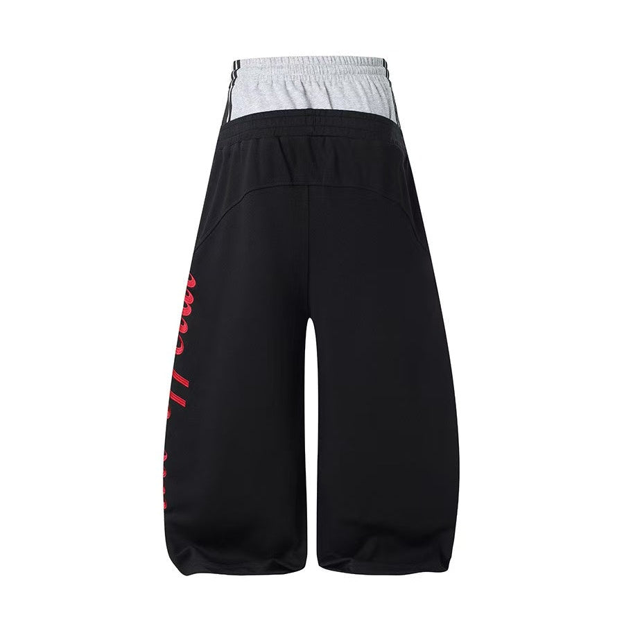 Double Waist Crest Embroidery Side Script Print Wide Leg Sweatpants