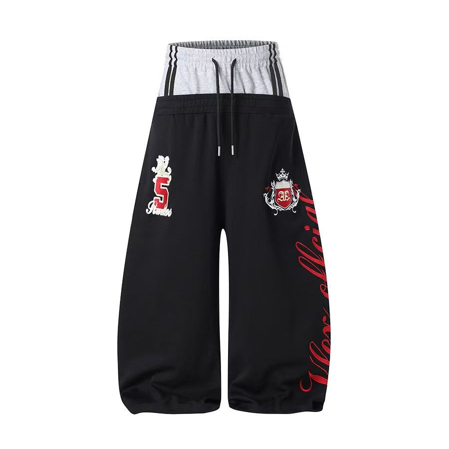 Double Waist Crest Embroidery Side Script Print Wide Leg Sweatpants