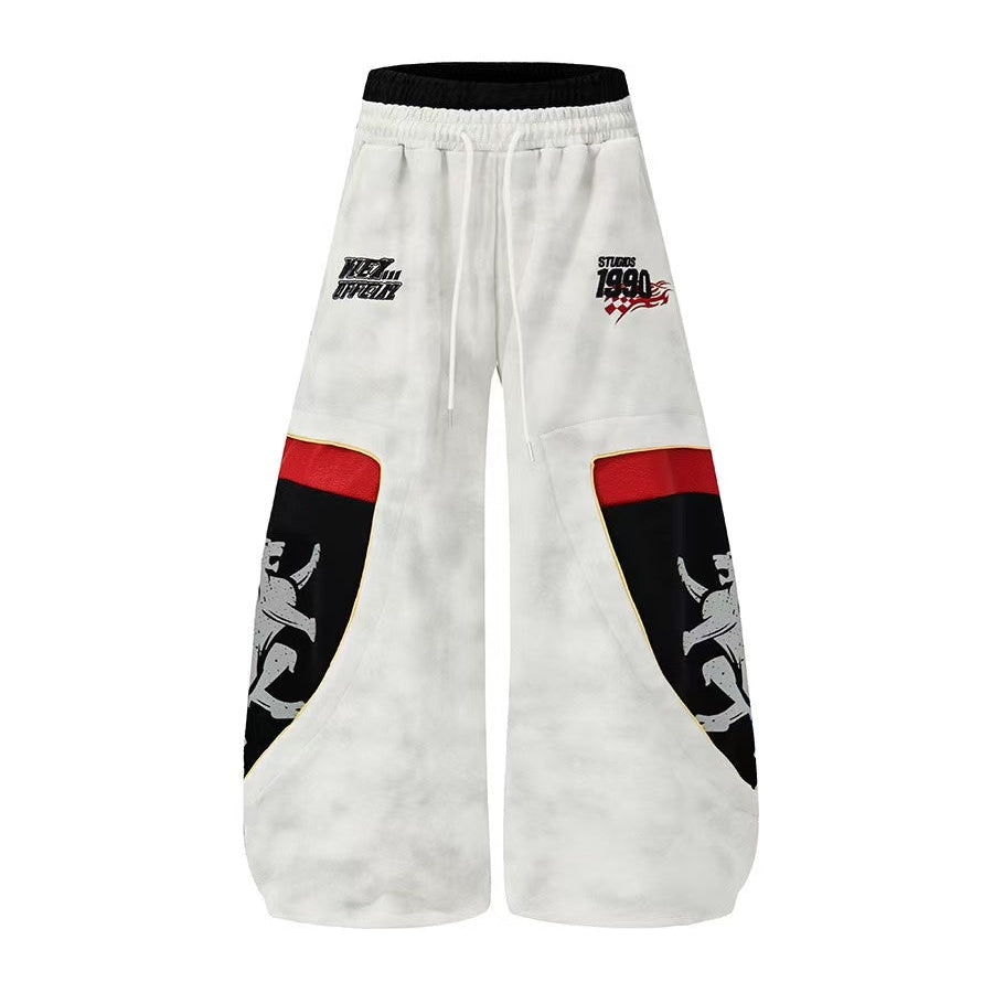 Unisex Washed Shield Lion Patch Graphic Wide Leg Sweatpants