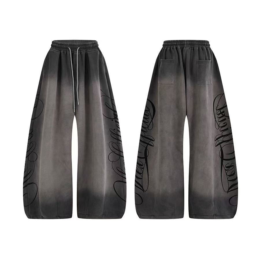 Gradient Washed Side Script Letter Print Wide Leg Sweatpants