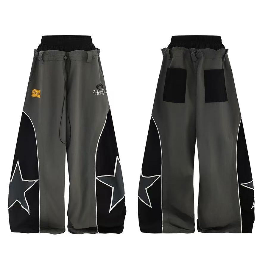 Unisex Color Block Star Patchwork Double Waist Wide Leg Sweatpants
