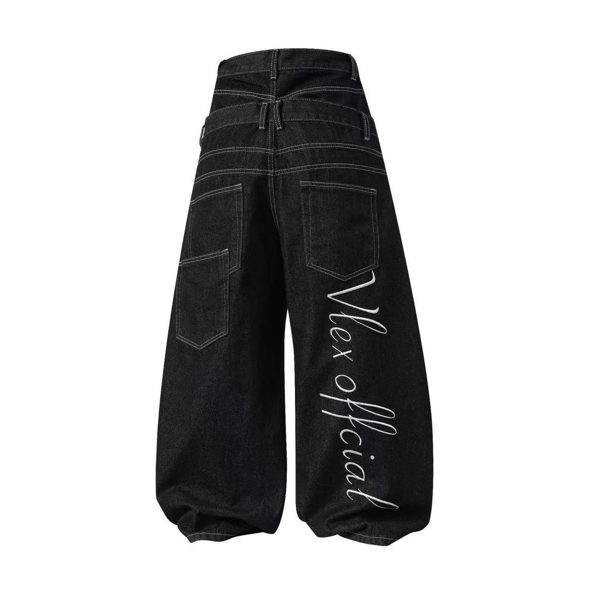 Unisex Double Waist Contrast Stitch Baggy Wide Leg Jeans