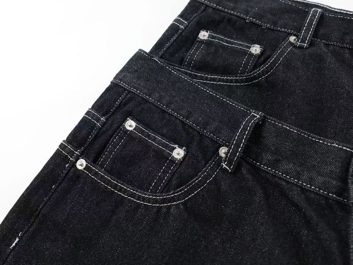 Unisex Double Waist Contrast Stitch Baggy Wide Leg Jeans