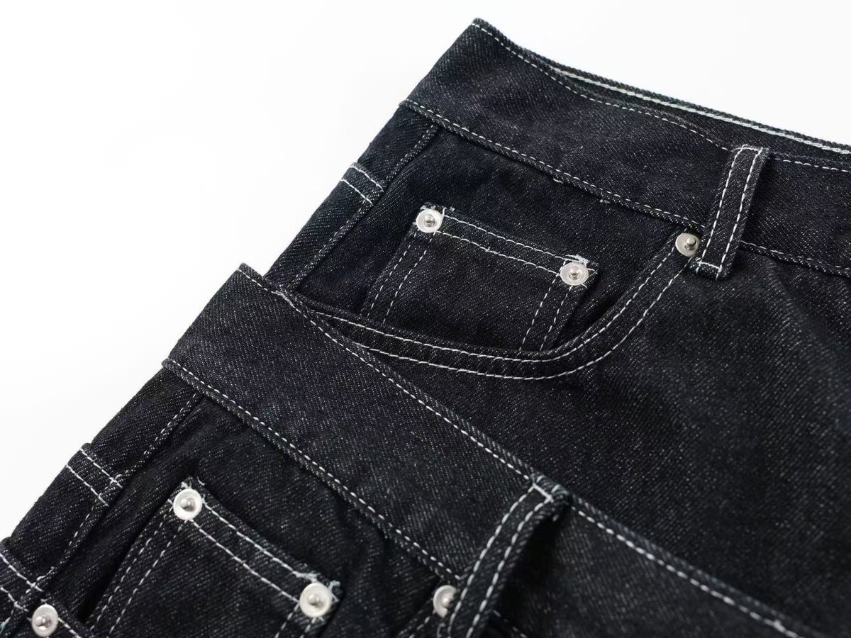 Unisex Double Waist Contrast Stitch Baggy Wide Leg Jeans
