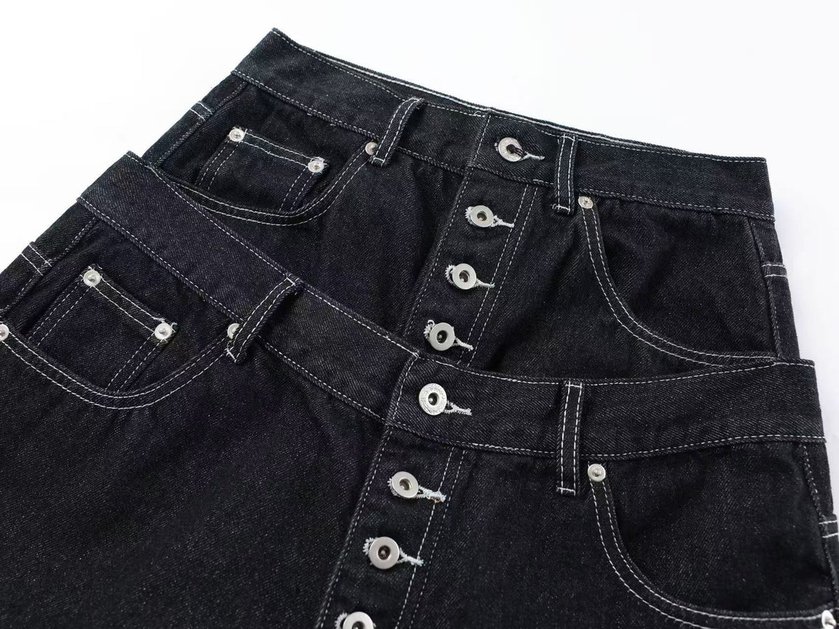 Unisex Double Waist Contrast Stitch Baggy Wide Leg Jeans