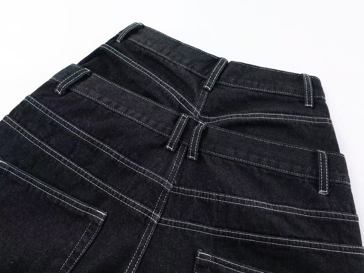 Unisex Double Waist Contrast Stitch Baggy Wide Leg Jeans