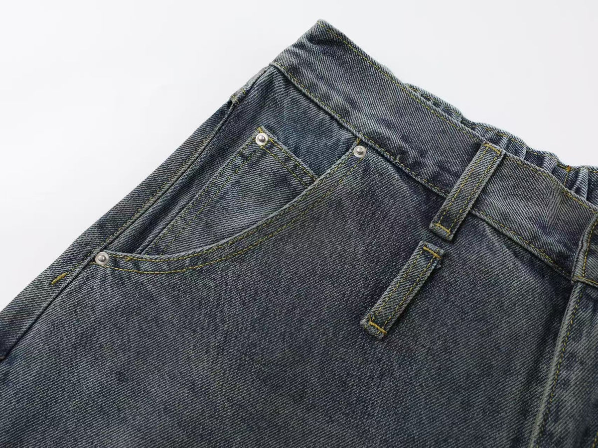 Vintage Distressed Ripped Curved Seam Baggy Wide Leg Jeans