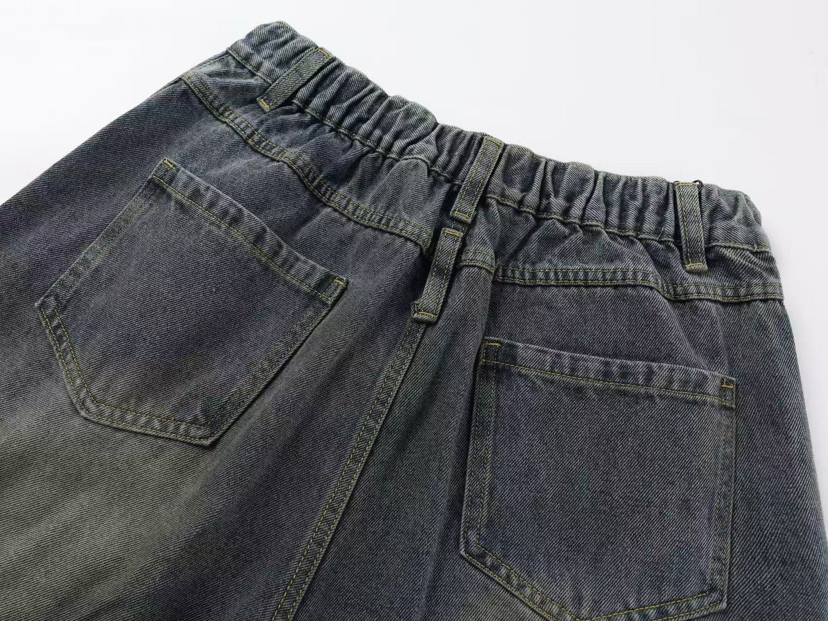 Vintage Distressed Ripped Curved Seam Baggy Wide Leg Jeans