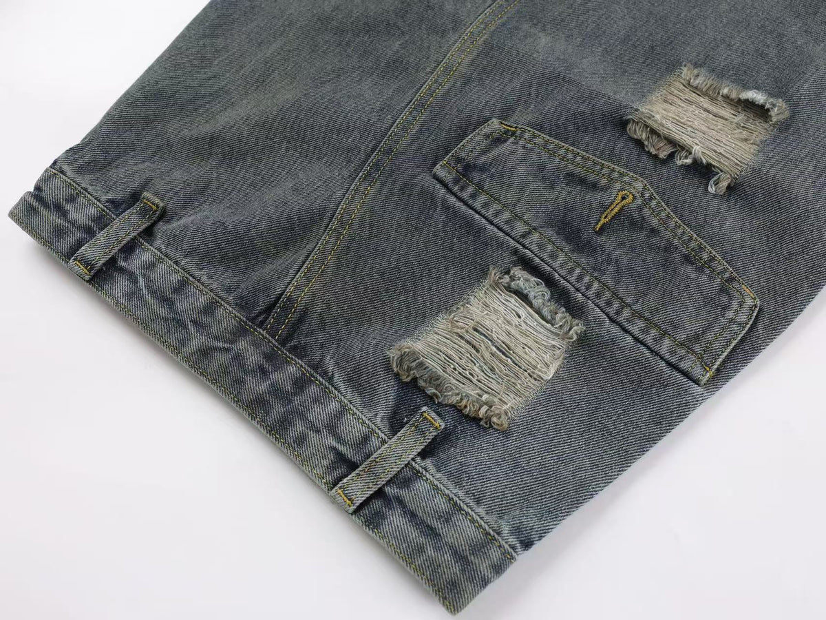 Vintage Distressed Ripped Curved Seam Baggy Wide Leg Jeans